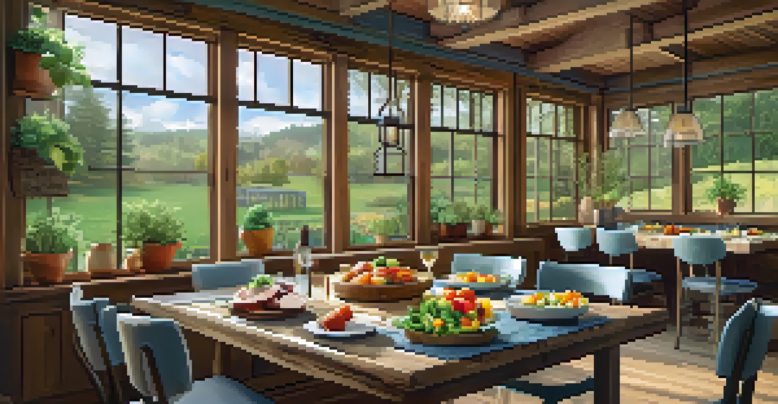 A rustic wooden table set with healthy meals made from fresh ingredients, with large windows overlooking a beautiful garden.