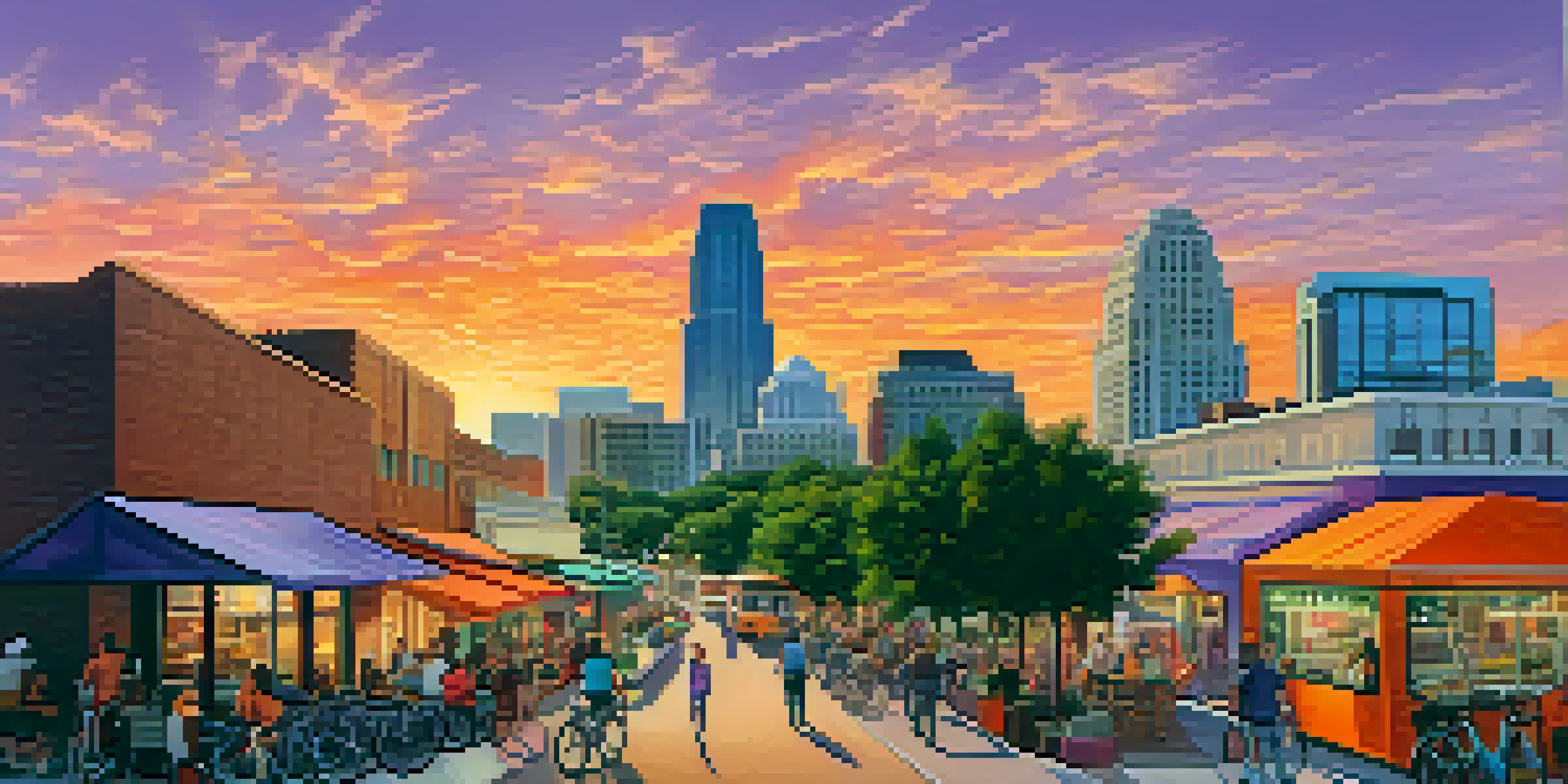 A colorful sunset over the Austin skyline with people on a lively street.