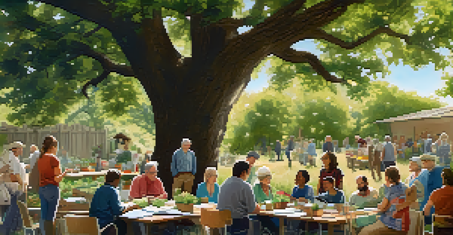 A community garden planning meeting under an oak tree with participants discussing plans.