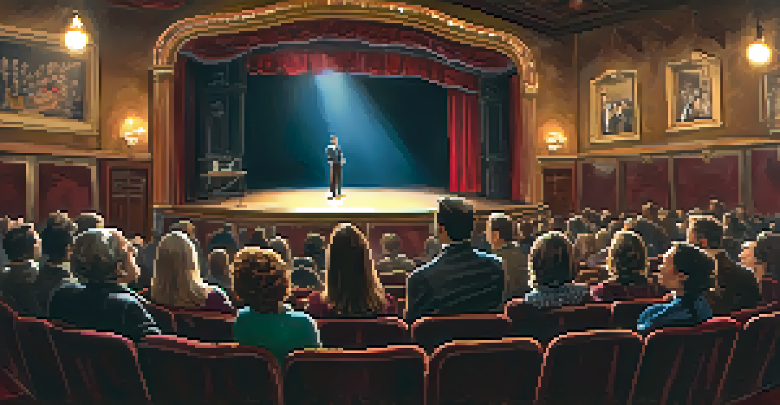 A cozy theater interior with a spotlight on an actor performing, surrounded by an engaged audience and vintage play posters.