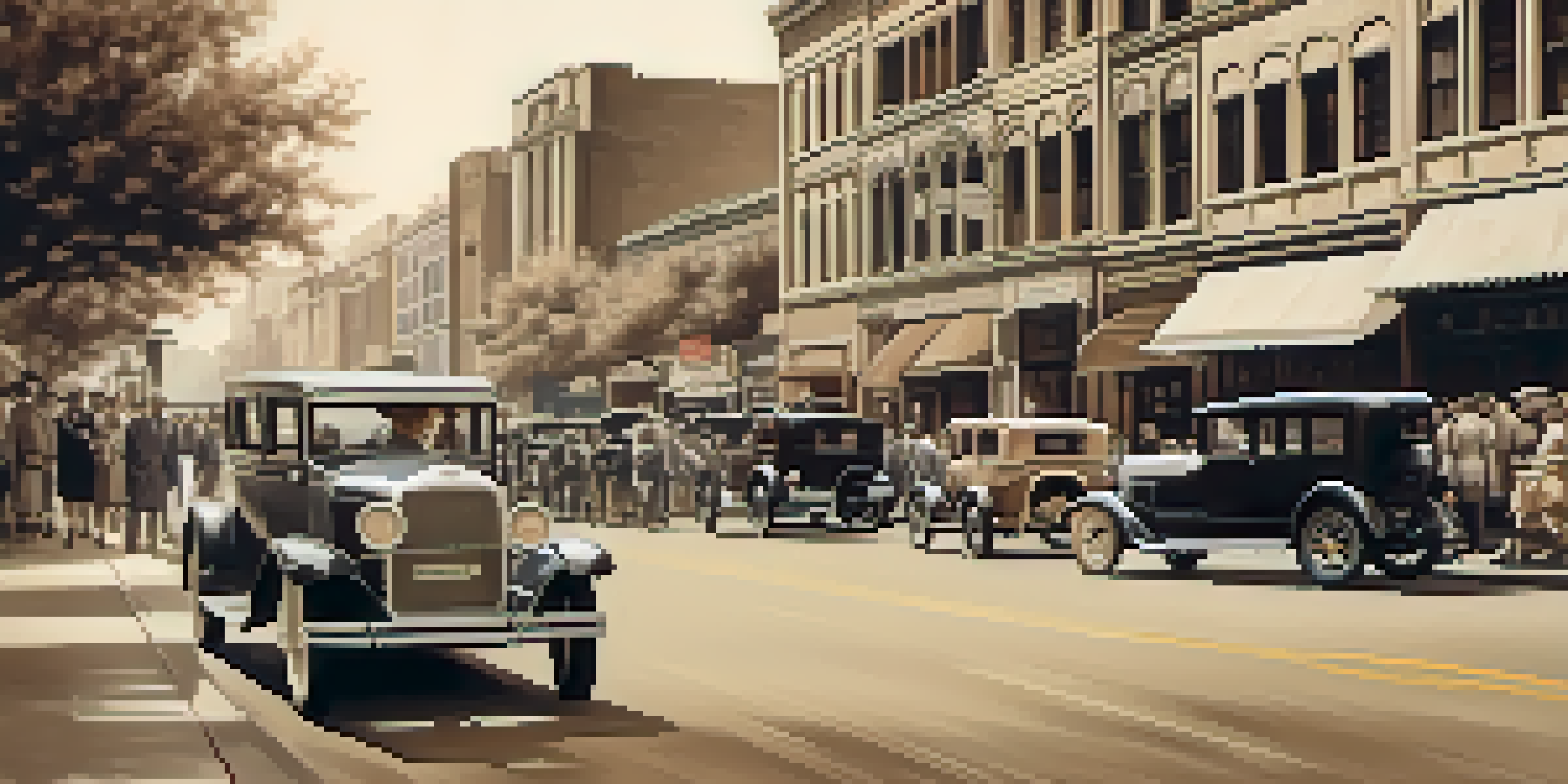 A vintage photograph of bustling streets in Austin during the 1920s with classic cars and people in period clothing.