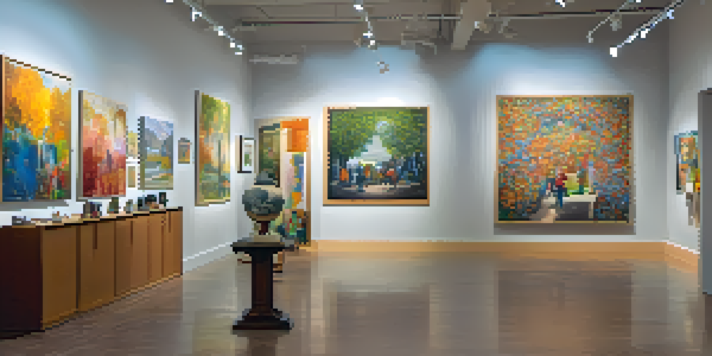 An interior view of a lively art gallery with colorful artworks displayed and diverse visitors admiring them.
