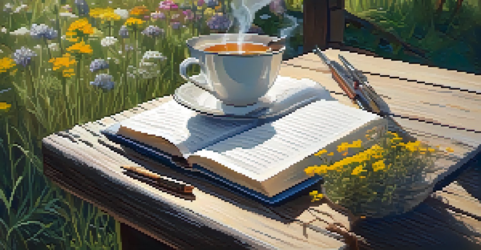 A person journaling outdoors surrounded by wildflowers, with a cup of herbal tea nearby, emphasizing mindfulness and self-care.