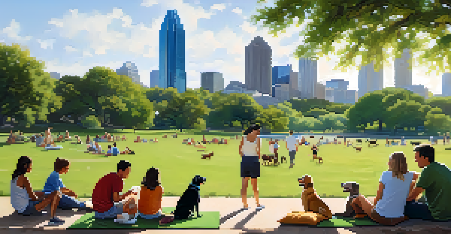 A sunny Zilker Park in Austin with dogs playing, families having picnics, and scenic views of downtown Austin in the background.