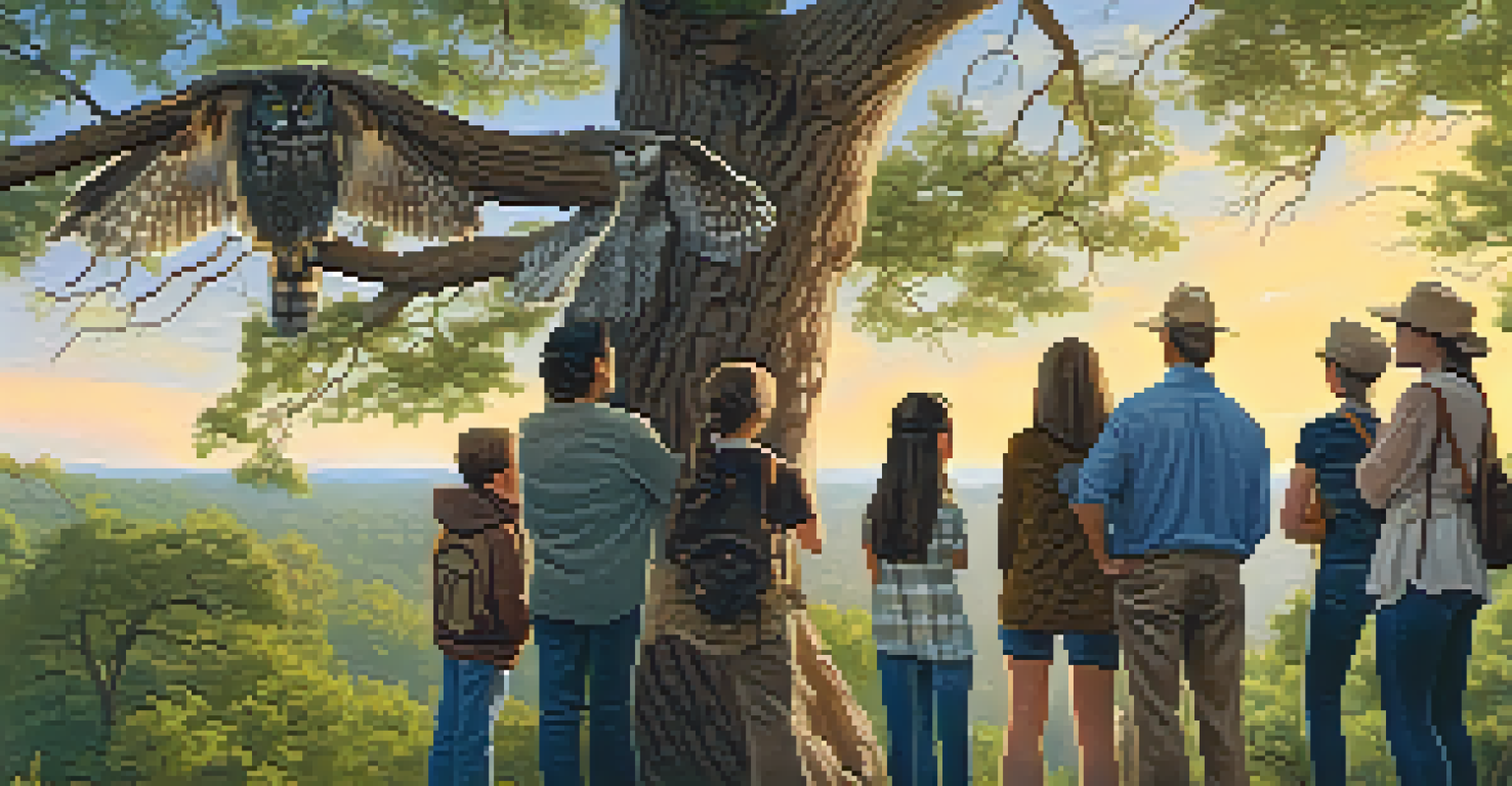 A diverse group of people on a wildlife tour, looking at an owl in a tree, with a guide pointing, surrounded by lush woods in warm evening light.