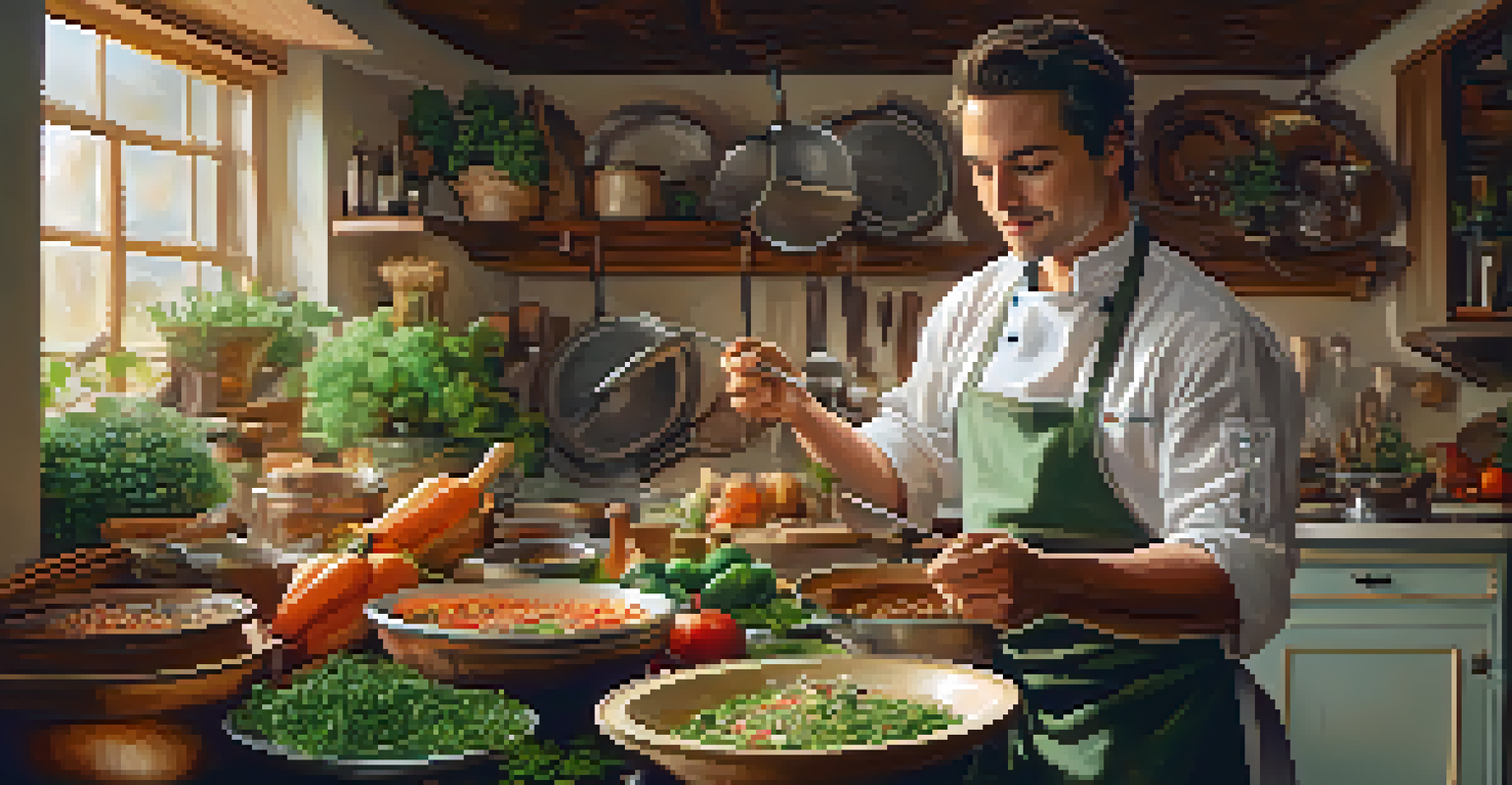 An amateur chef plating a dish in a warm, cozy home kitchen filled with fresh ingredients and cooking utensils.
