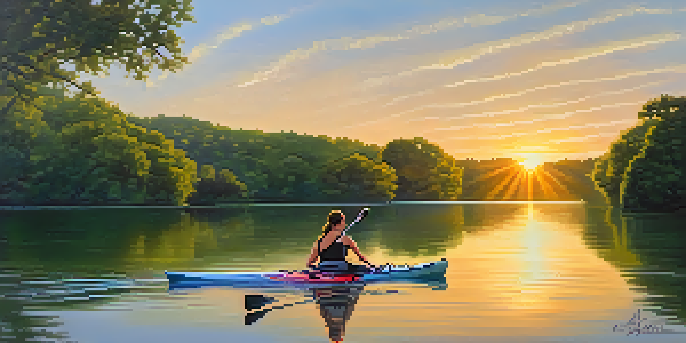 A kayaker paddling on a calm lake during sunrise, with trees and a heron in the scene.