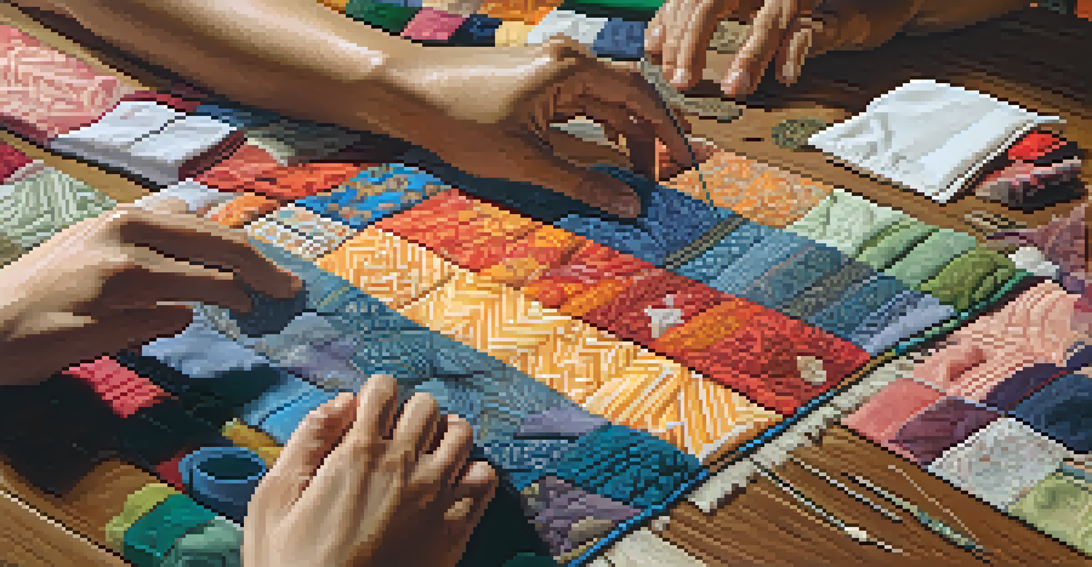 Hands collaborating to create a community quilt with various fabric patterns on a wooden table, under warm lighting.