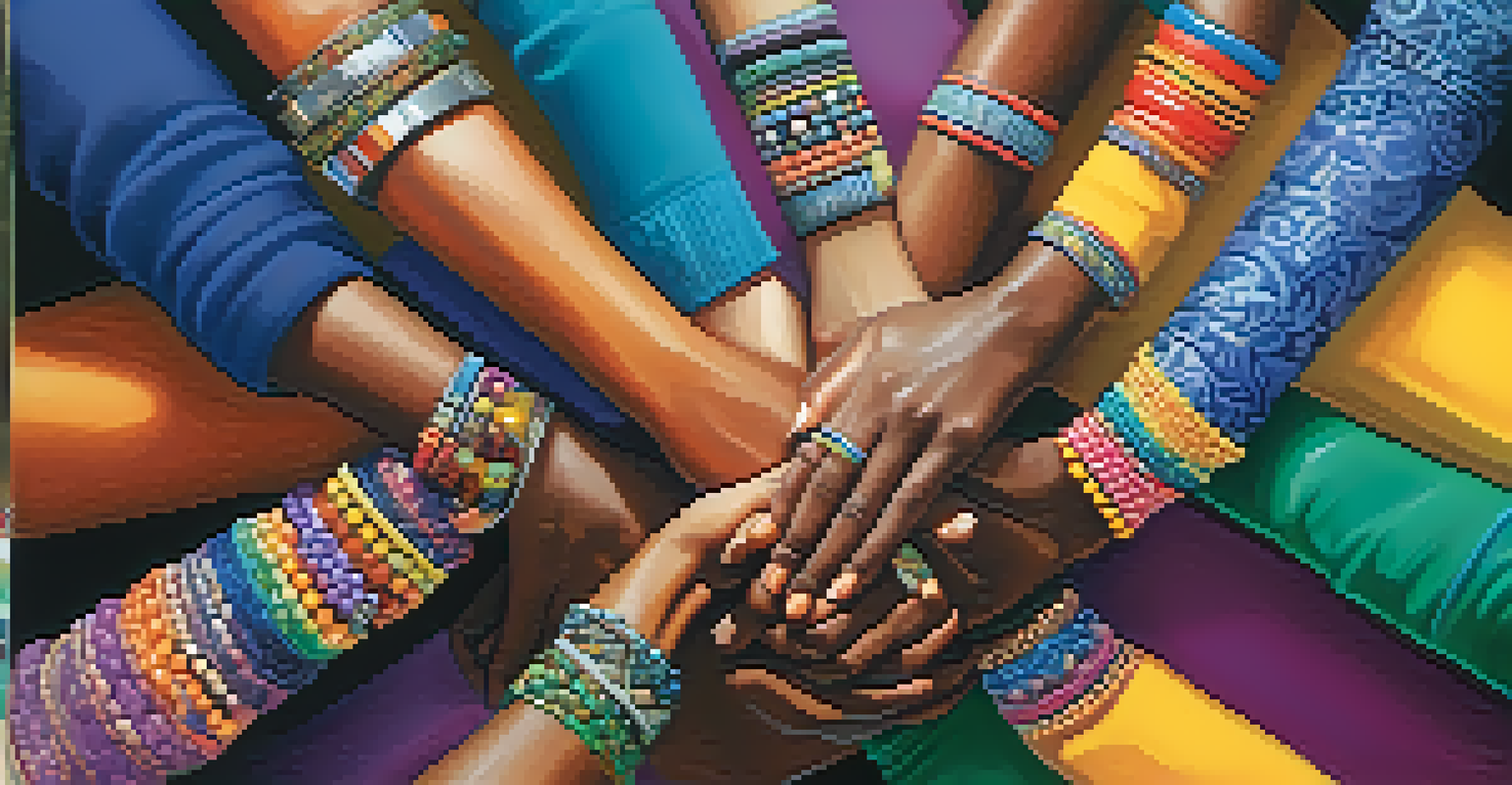 A close-up of diverse hands joined together in solidarity, symbolizing unity among survivors, with a blurred community event in the background.