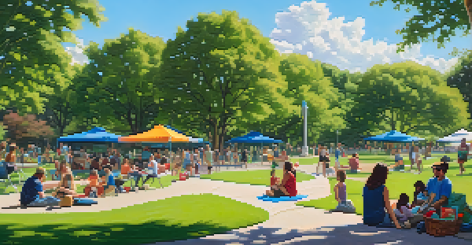 A lively public park in Austin with families picnicking, children playing frisbee, and diverse groups socializing under lush green trees on a sunny day.