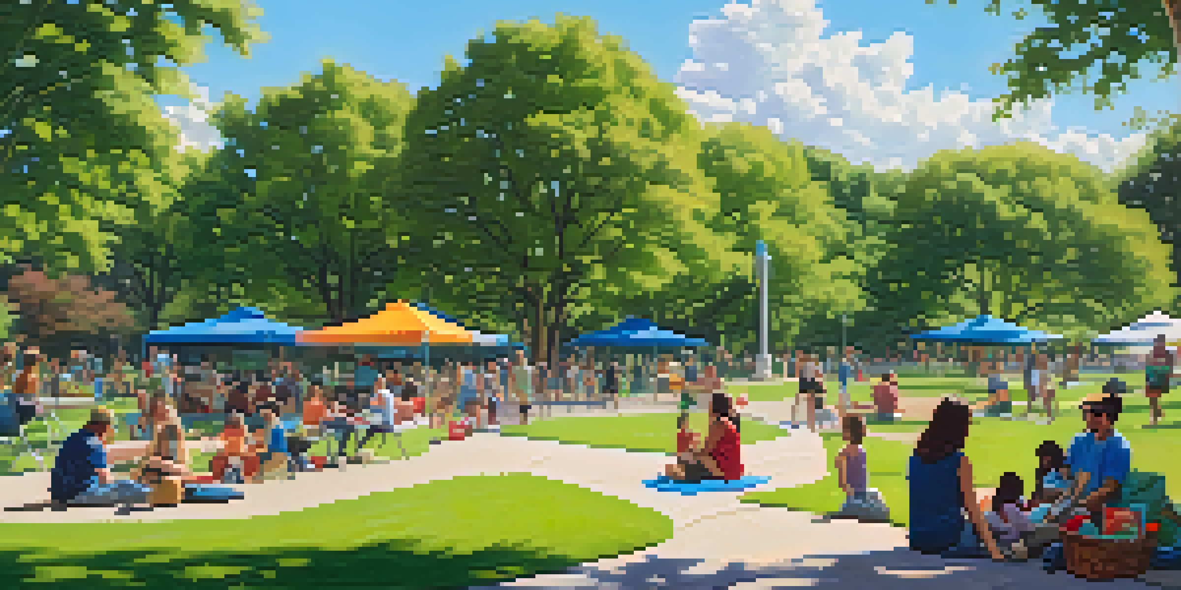 A lively public park in Austin with families picnicking, children playing frisbee, and diverse groups socializing under lush green trees on a sunny day.