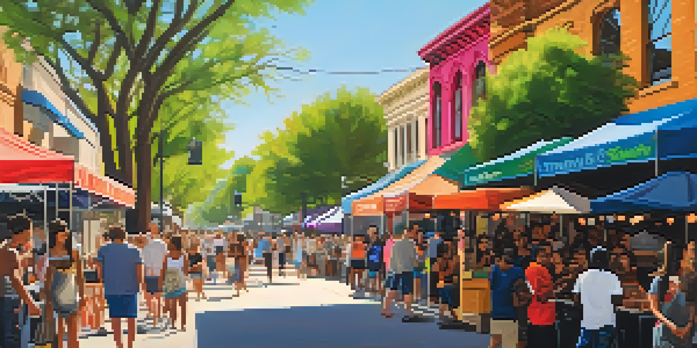 A lively street scene during SXSW festival in Austin, featuring diverse attendees enjoying music, food trucks, and colorful banners.