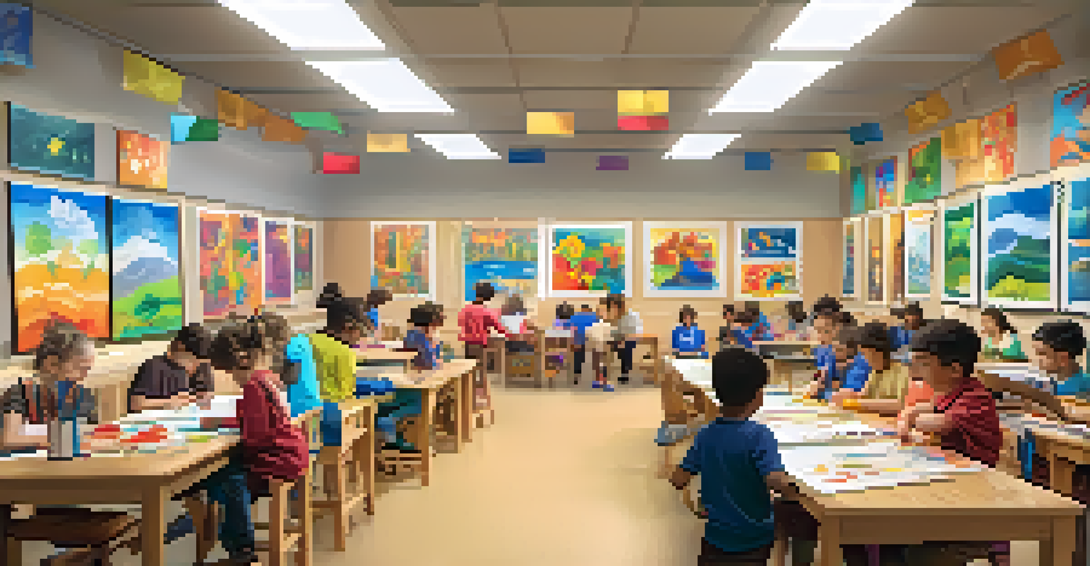 A lively indoor arts and crafts classroom where children are creating art with the guidance of instructors.