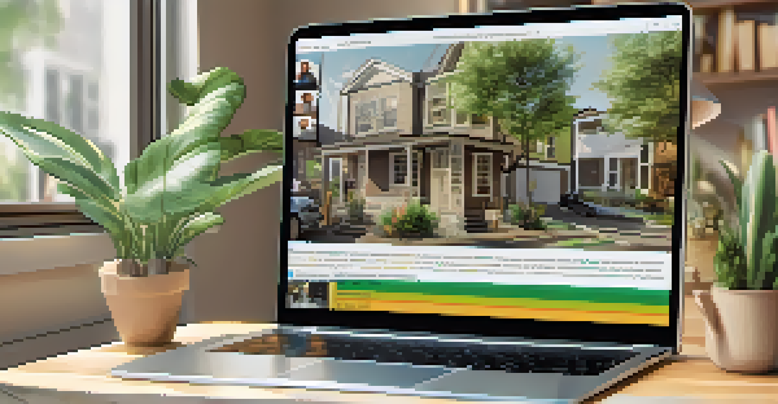 A laptop screen showing a virtual community engagement meeting with residents discussing urban planning in a cozy home setting.