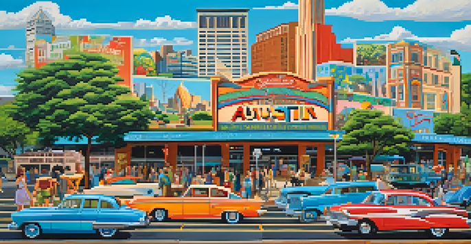 A colorful mural representing iconic landmarks of Austin, surrounded by greenery and people enjoying the vibrant atmosphere.