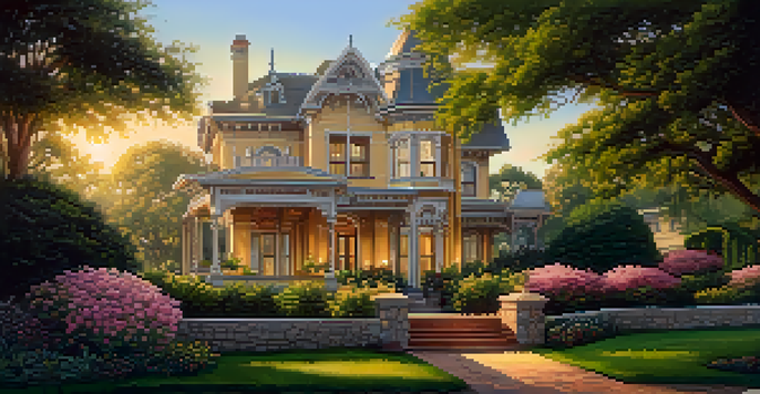 A beautiful Victorian mansion surrounded by greenery and flowers, with a warm golden sunset illuminating its architecture.