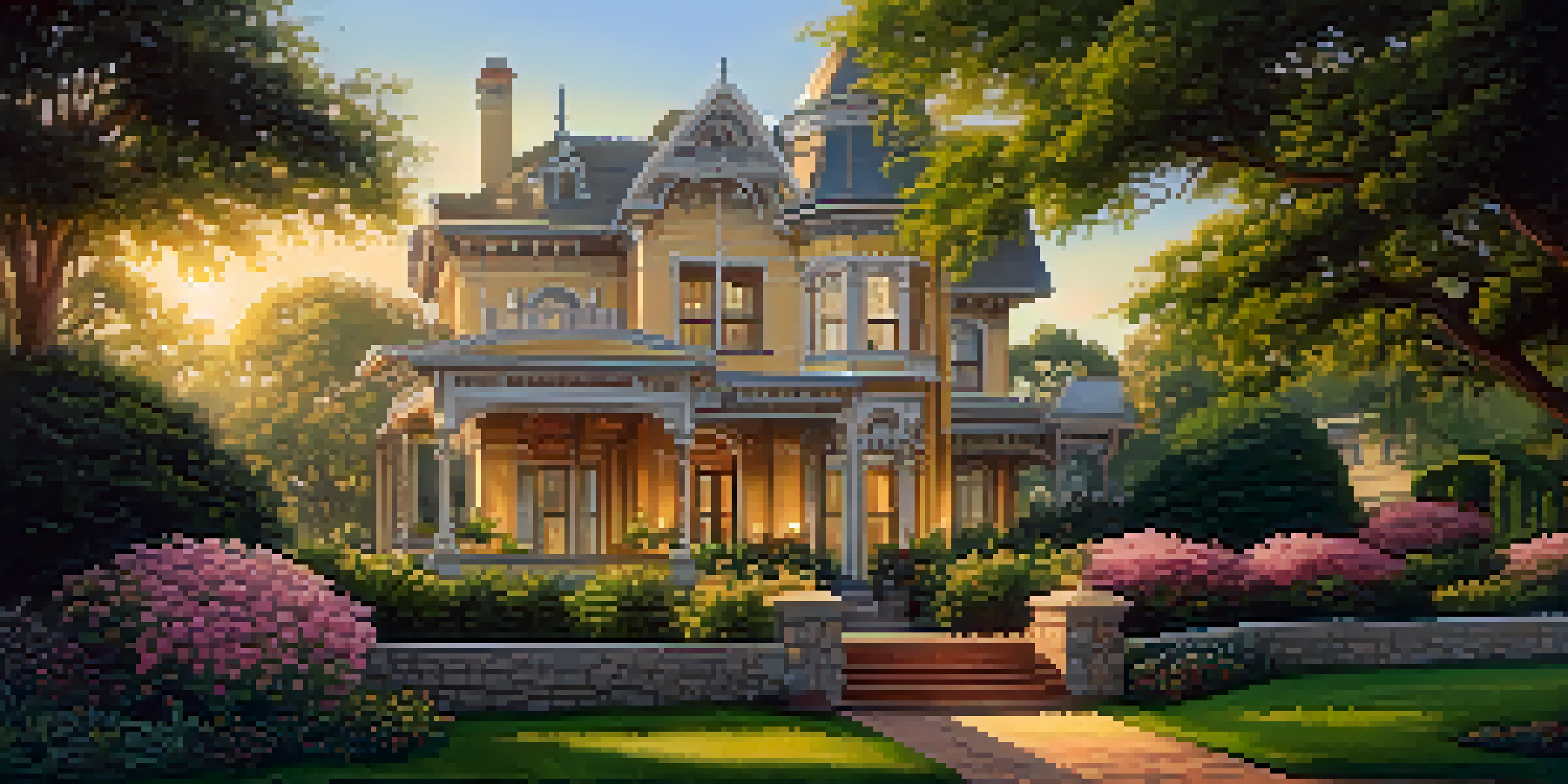 A beautiful Victorian mansion surrounded by greenery and flowers, with a warm golden sunset illuminating its architecture.