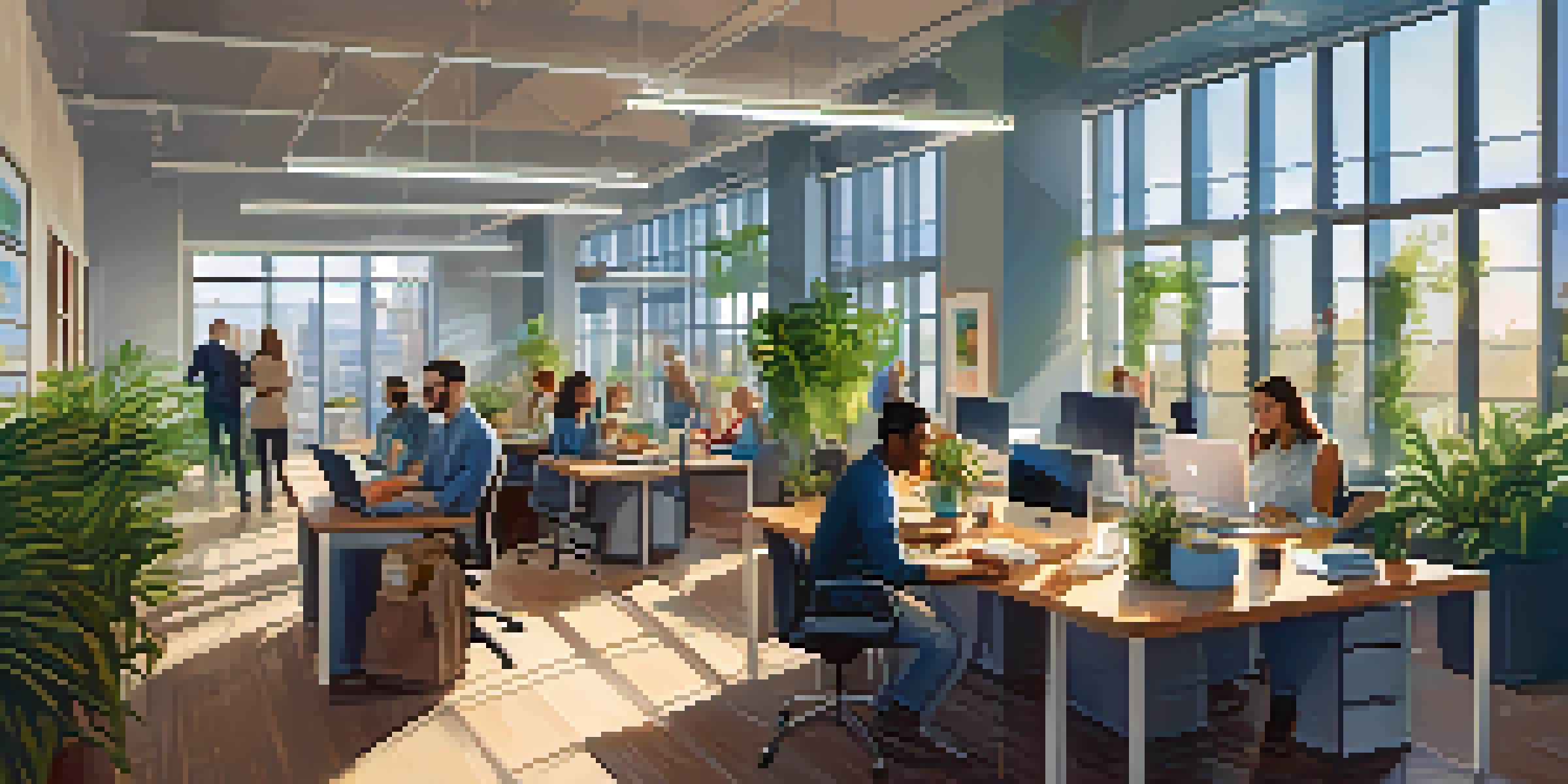 A diverse group of professionals working together in a bright tech office with plants and modern decor.