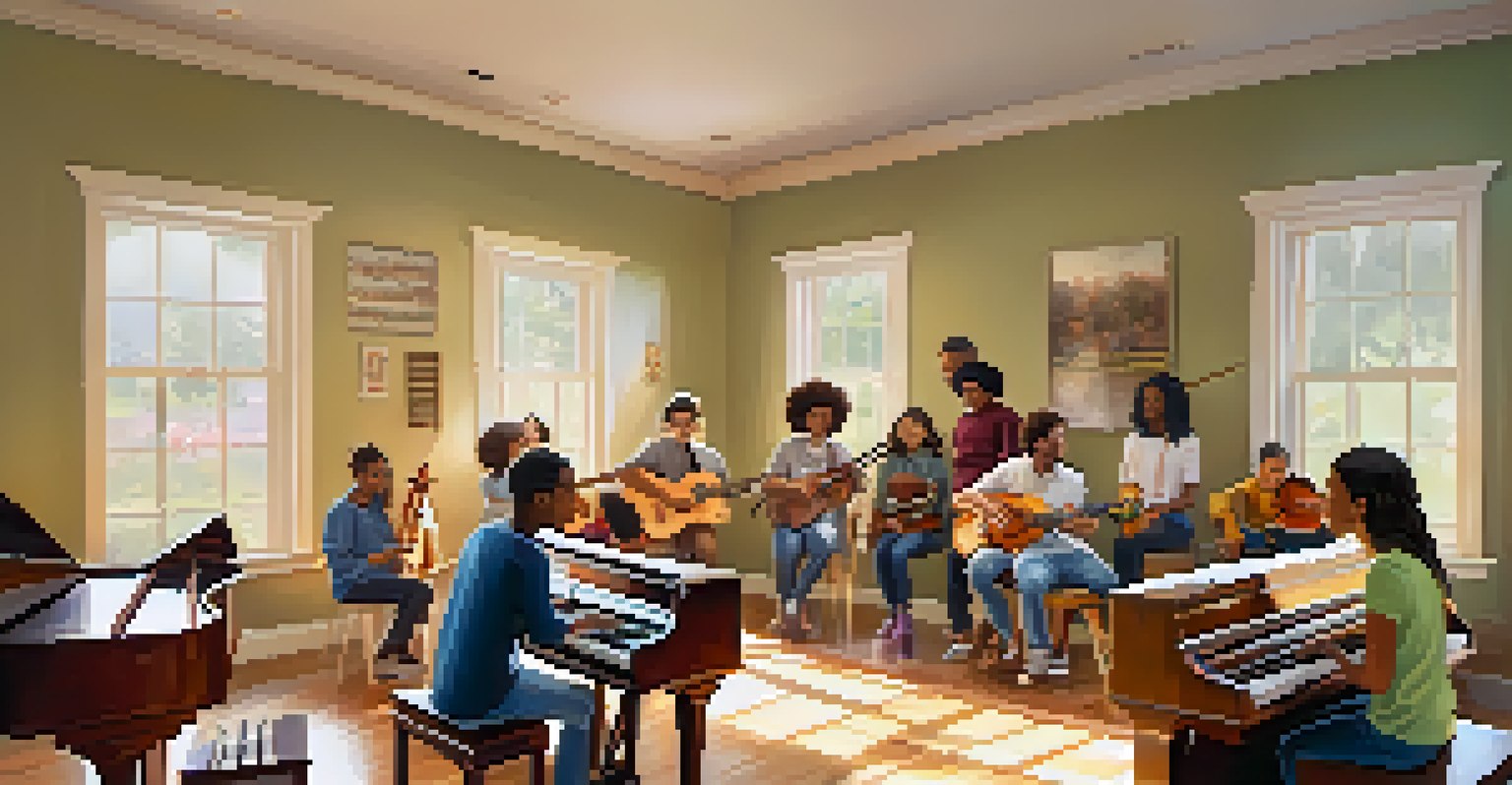 A diverse group of students in a bright music class, learning around a piano with an instructor.