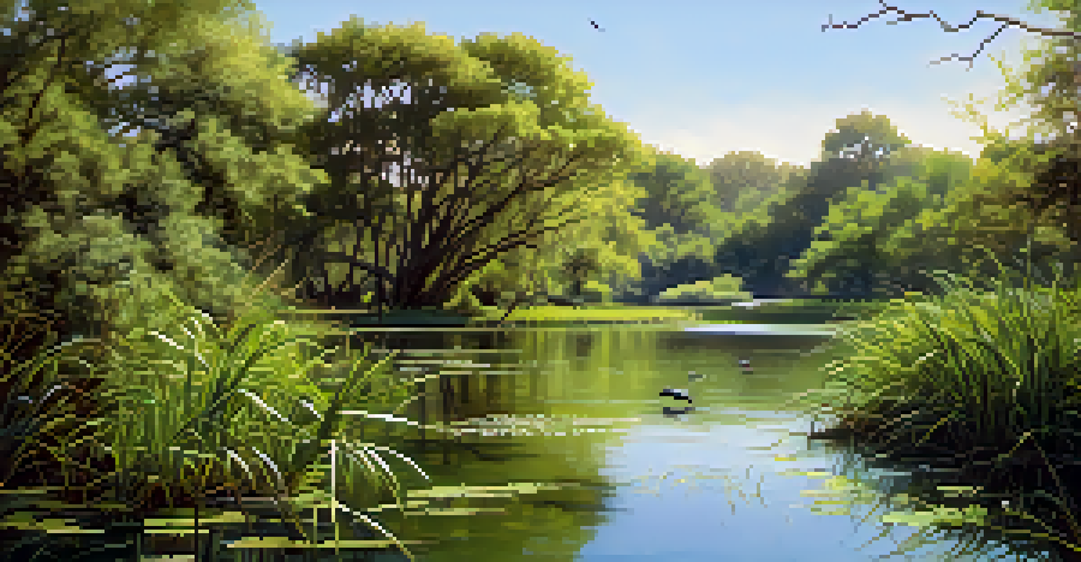 A tranquil wetland scene in Austin with birds and amphibians among lush vegetation and a calm water body.