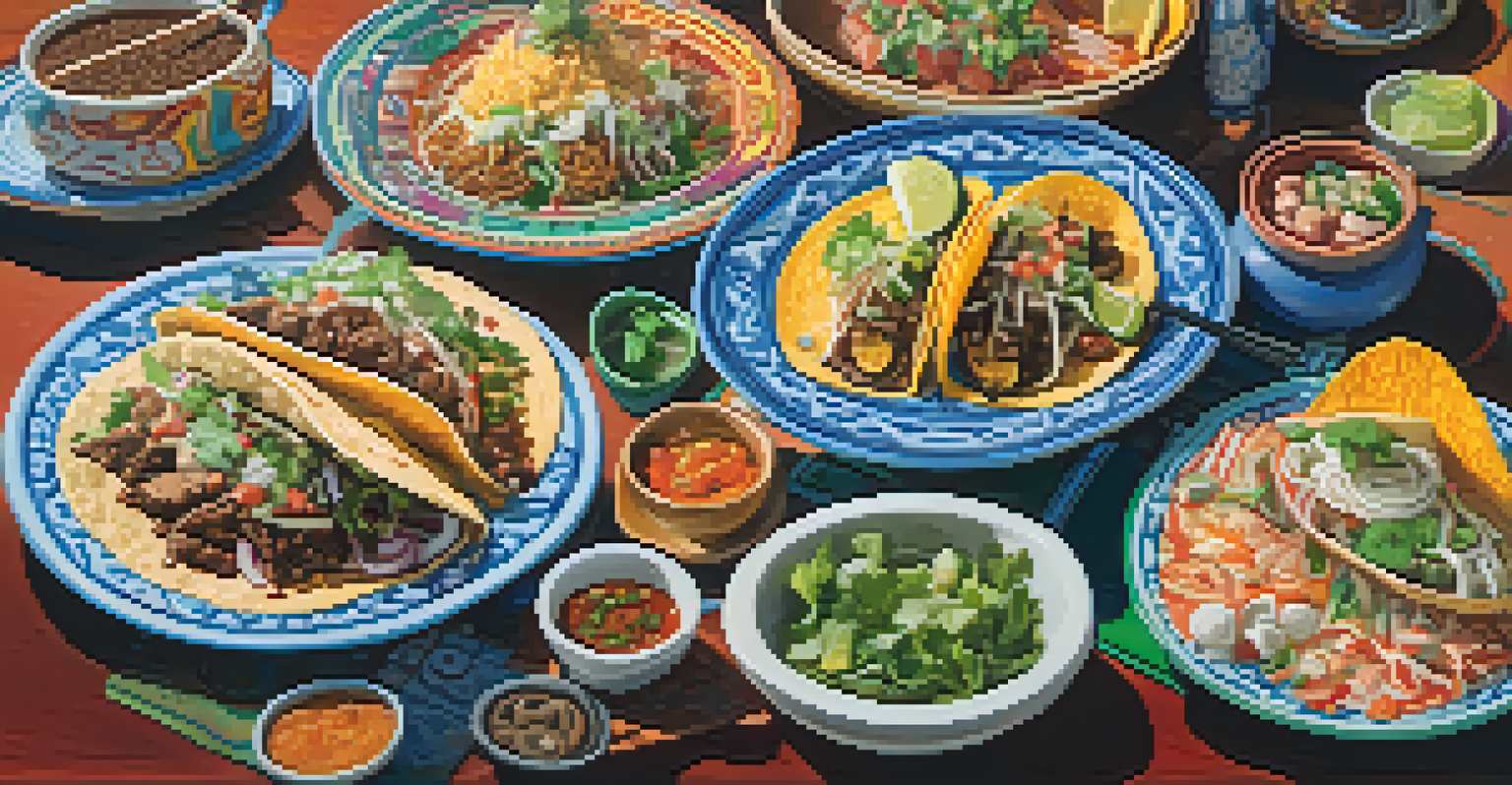A table displaying an array of dishes from various cultures, including tacos and pho, representing the culinary diversity of Austin, set in a lively restaurant atmosphere.