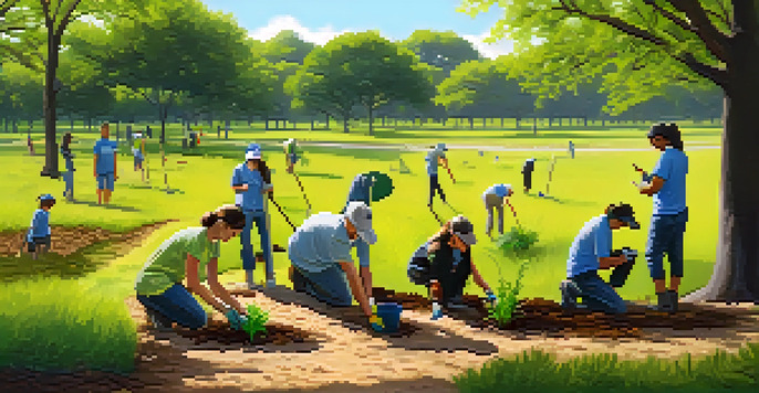 A diverse group of volunteers planting trees in a sunny park in Austin, Texas.