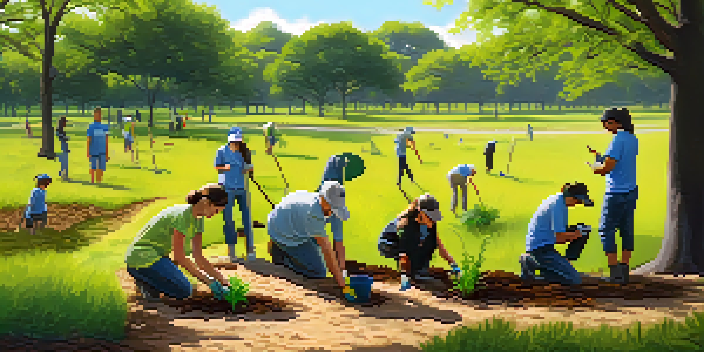A diverse group of volunteers planting trees in a sunny park in Austin, Texas.