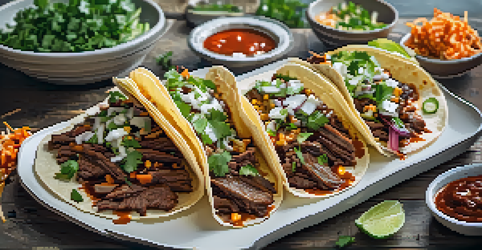 Korean BBQ tacos filled with bulgogi beef and topped with kimchi and cilantro on a rustic table.