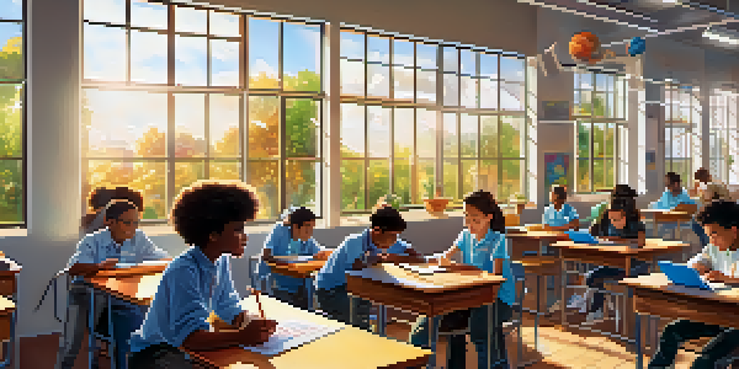 A colorful classroom with diverse students collaborating on a science project, illuminated by sunlight.