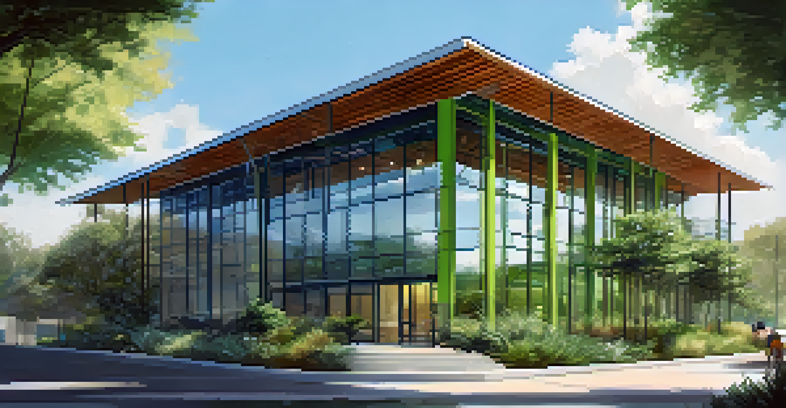 A modern green building in Austin with solar panels and greenery, surrounded by native plants and trees under a bright blue sky.