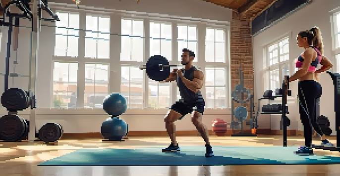 A personal trainer demonstrating strength training techniques to a client in a bright gym filled with modern equipment.