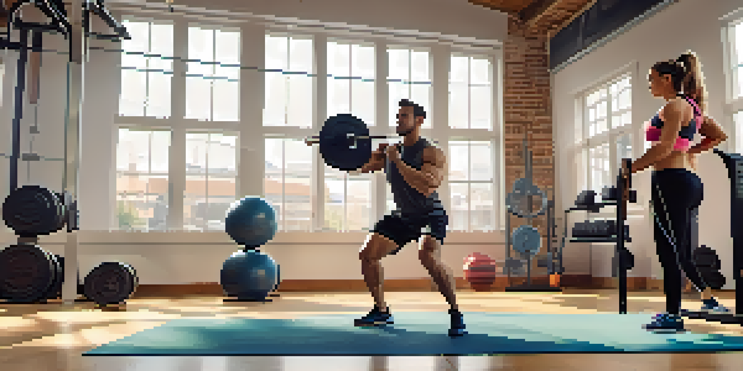 A personal trainer demonstrating strength training techniques to a client in a bright gym filled with modern equipment.