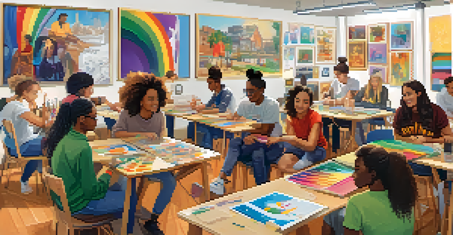A warm and inviting community center where LGBTQ+ youth are participating in a creative workshop, surrounded by colorful artwork.
