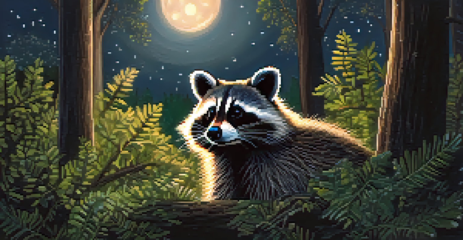 A raccoon peeking from behind a tree in a forest under a starry sky, illuminated by soft moonlight, creating a magical night scene.