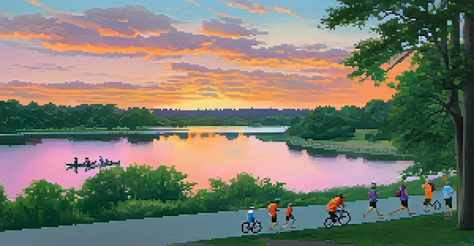 A beautiful sunset over Lady Bird Lake with families jogging and cycling along the trail.