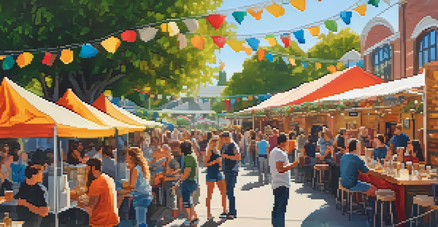 An outdoor microbrewery festival with colorful tents, food trucks, and friends enjoying craft beer and food pairings.