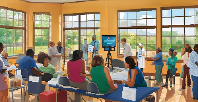 A vibrant community health screening event with diverse individuals engaging with healthcare professionals in a sunny community center.