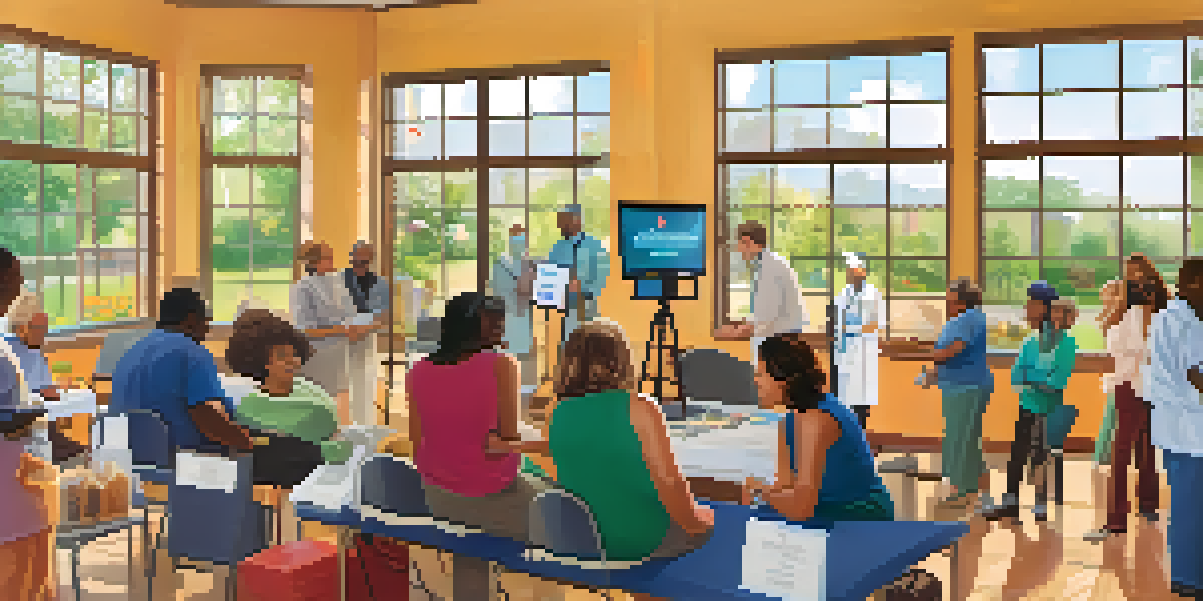 A vibrant community health screening event with diverse individuals engaging with healthcare professionals in a sunny community center.