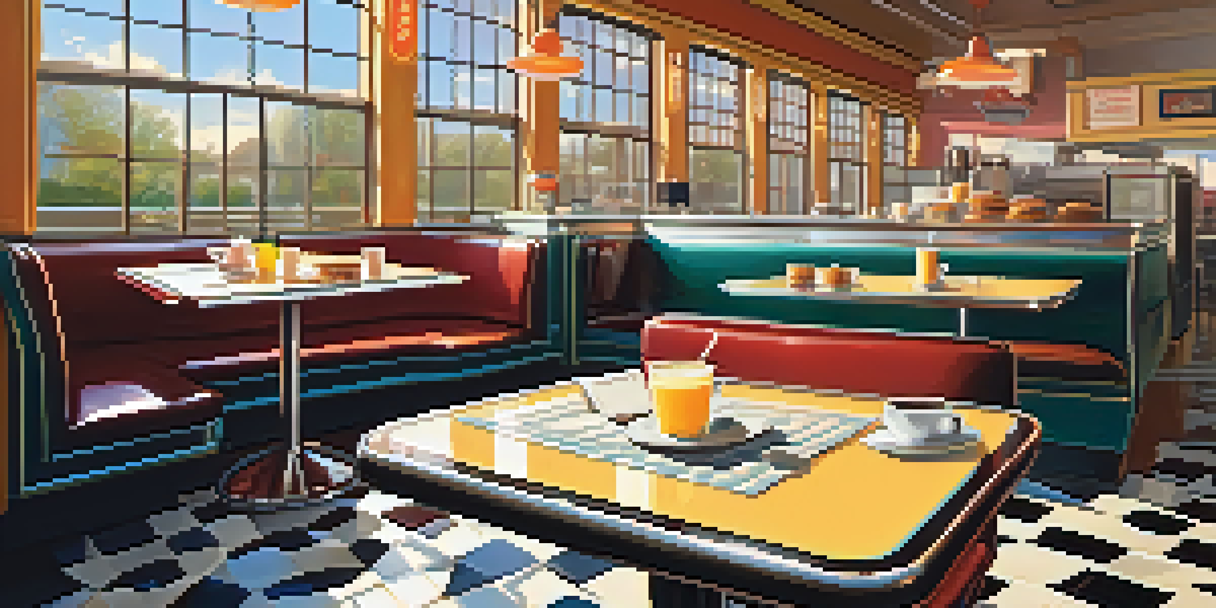 Interior of a classic diner with retro decor, showcasing a table with pancakes and eggs benedict, bathed in warm sunlight.