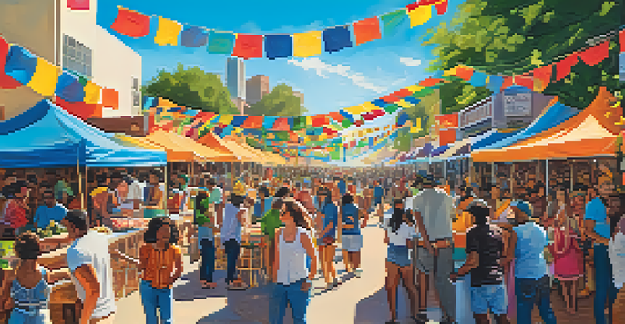 A lively outdoor festival in Austin featuring diverse cultures with food stalls and musicians, under a bright blue sky.