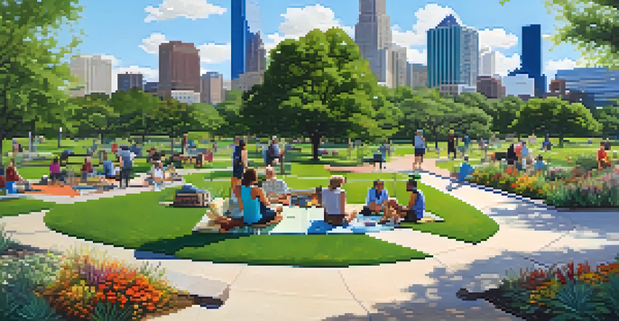A lively park in Austin with diverse people enjoying nature, surrounded by greenery and the city skyline in the background.