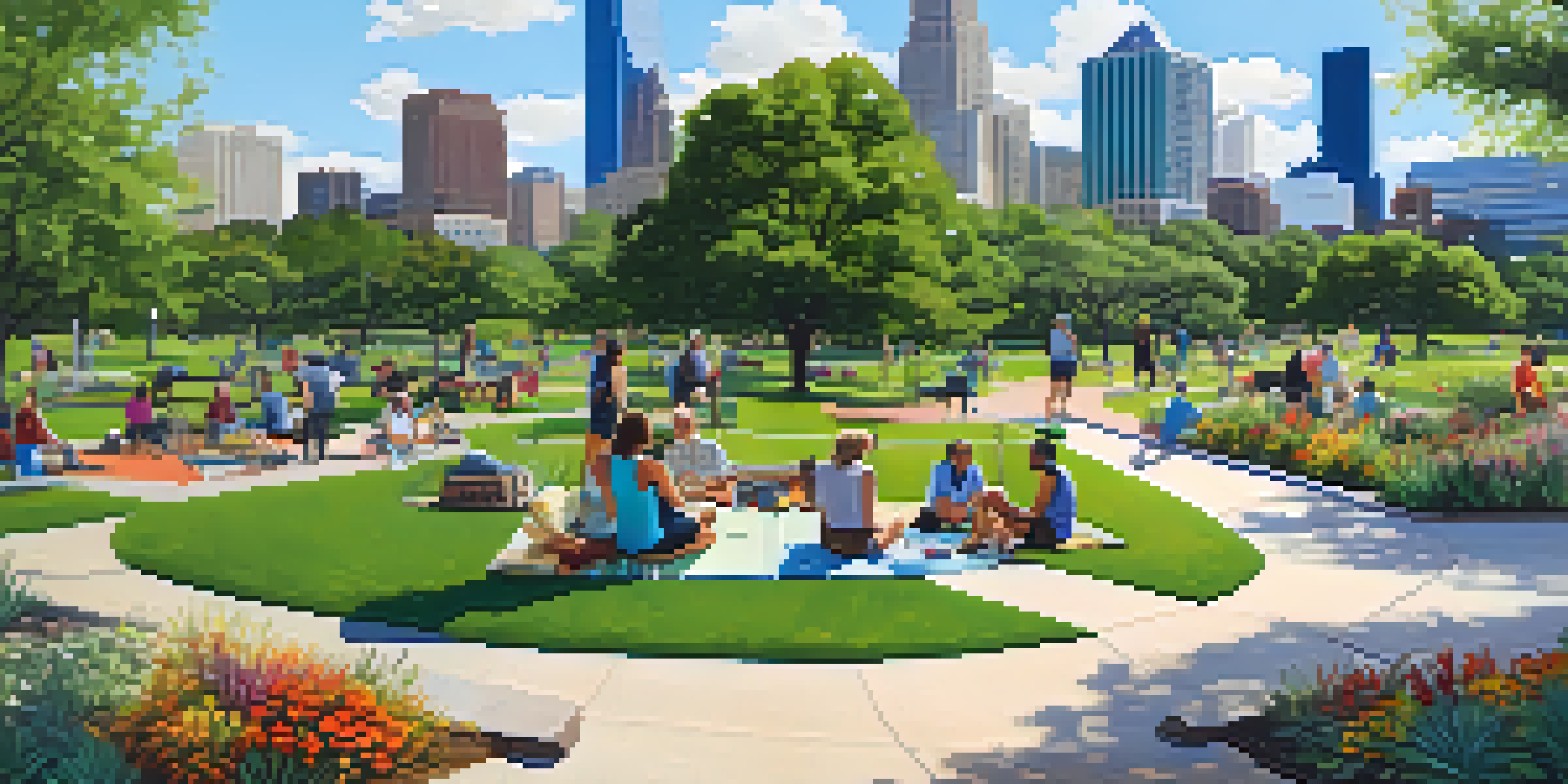 A lively park in Austin with diverse people enjoying nature, surrounded by greenery and the city skyline in the background.