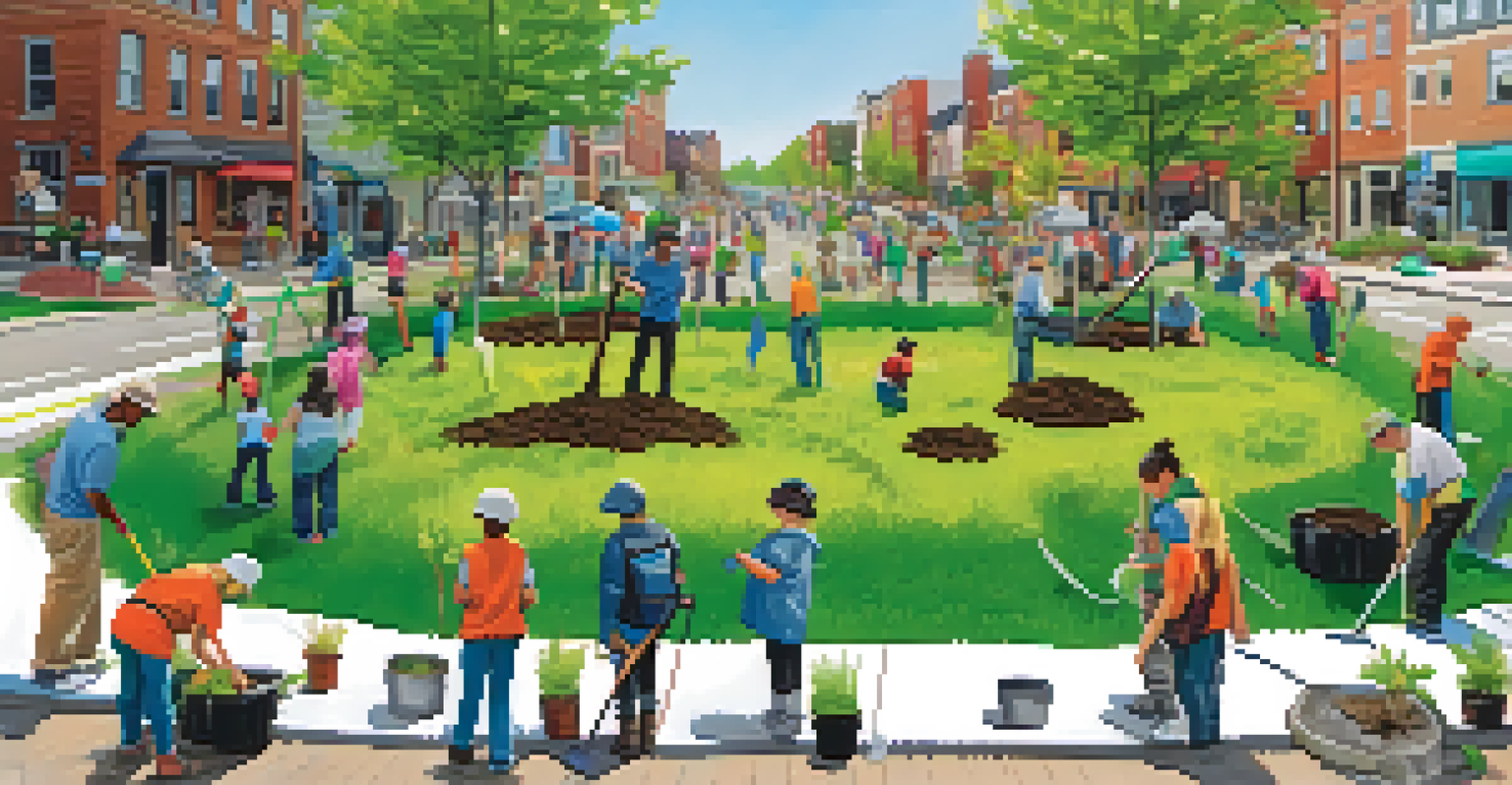 Community members of various ages participating in a tree-planting event, planting young trees and discussing sustainability in a vibrant urban neighborhood.