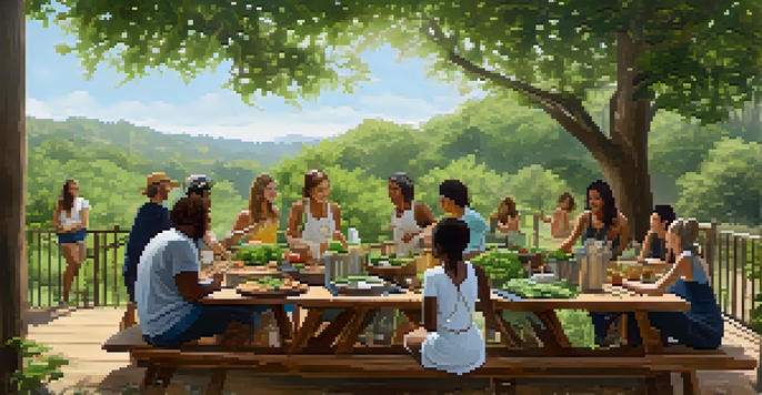 A group of diverse individuals enjoying a nutrition-focused retreat outdoors in Austin, Texas, with cooking classes and fresh ingredients.