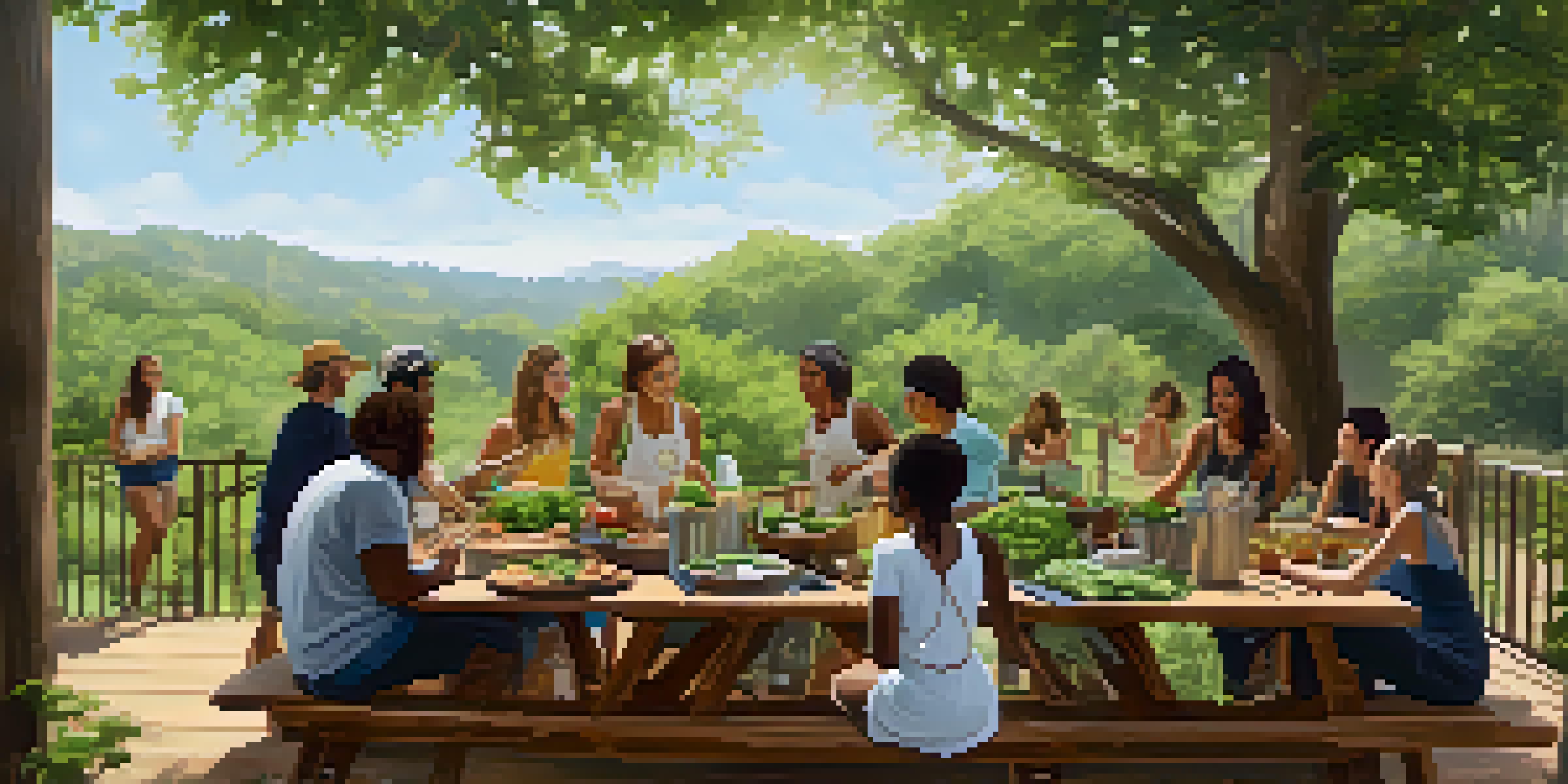 A group of diverse individuals enjoying a nutrition-focused retreat outdoors in Austin, Texas, with cooking classes and fresh ingredients.