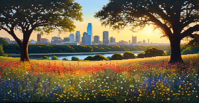 A peaceful landscape of Zilker Park at sunset, with colorful wildflowers in the foreground and the Austin skyline in the background, bathed in warm golden light.
