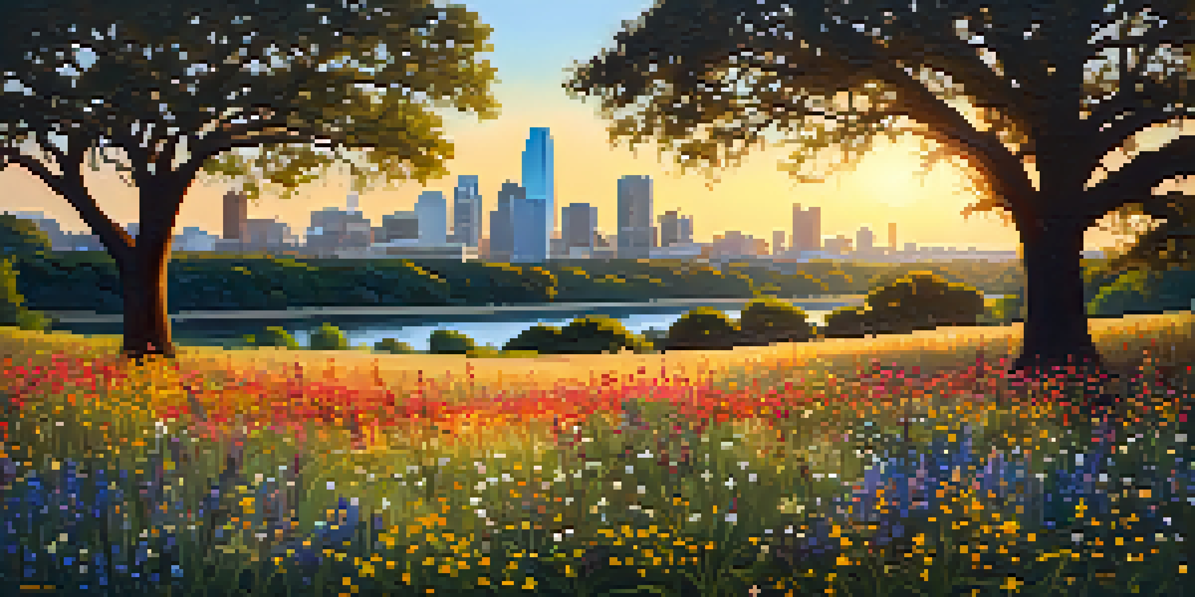 A peaceful landscape of Zilker Park at sunset, with colorful wildflowers in the foreground and the Austin skyline in the background, bathed in warm golden light.