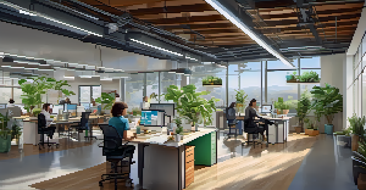 An open office space with energy-efficient lighting and plants, where employees collaborate at desks made from recycled materials.