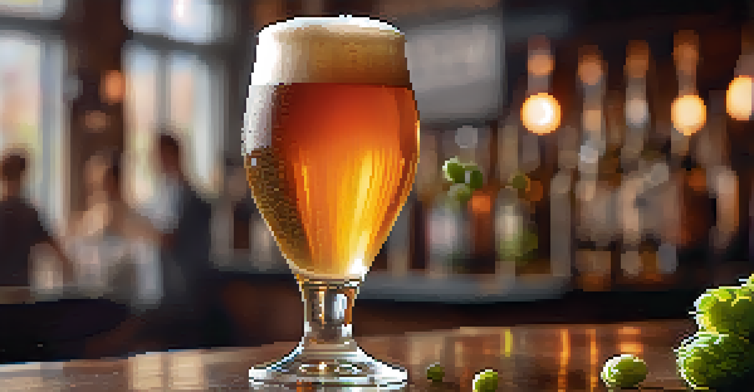 A close-up of a craft beer being poured into a glass, with hops and grains blurred in the background.