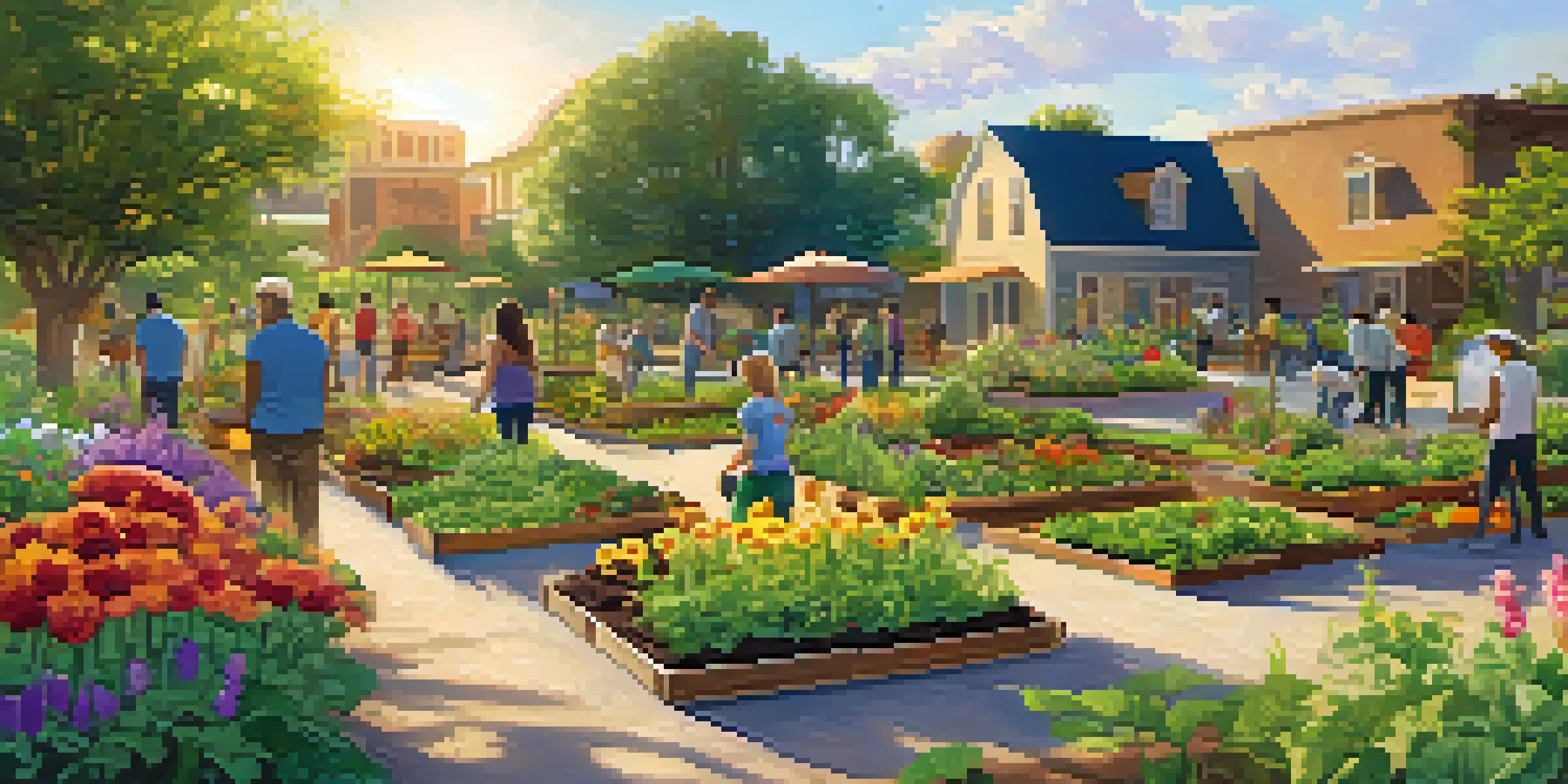 A lively community garden in Austin with people planting and harvesting vegetables under warm sunlight, showcasing greenery and colorful flowers.